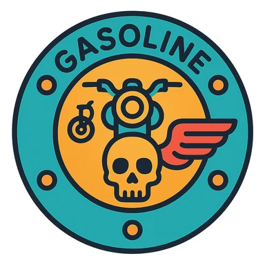 circular motorcycle gas cap design, transparent background, text 'GASOLINE', motif: motorcycle, wing, skull, iconic style sticker