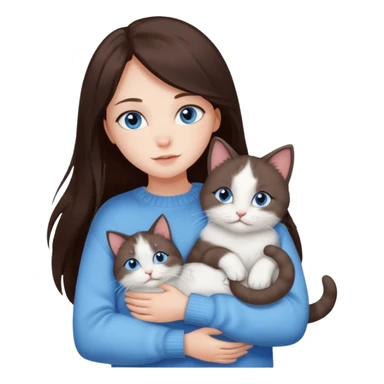 a girl with long dark 
brown hair, with blue eyes, in a
white sweater, hugs 3 different natural coloured cats sticker