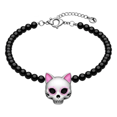 Thick black beaded choker with cat skull, silver and pink  sticker