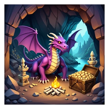 Dragon lair in a mountain cave with treasure piles and bones sticker