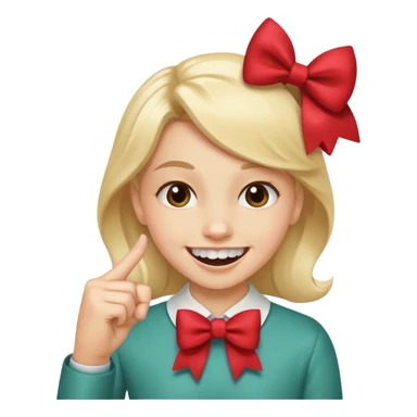 smile with teeth wearing a bow and biting a pointed finger sticker