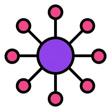 minimalist abstract icon of a global internet network, points connected by neon violet and magenta lines in circular or hexagonal pattern, radiating from center, on white background, optimized for small size sticker
