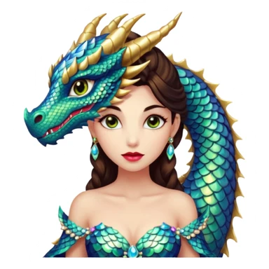 Am amazing blend of a half dragon woman with glittering jeweled scales covering her body. She has large almond shaped eyes, lush lips, and she wears a stunning luminescent gown. sticker