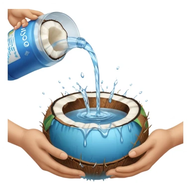A whole coconut with water being poured over it with hands cupping water sticker