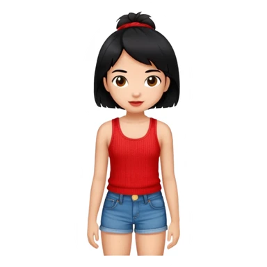 Girl in red yarn tank top with jean shorts, with black hair, Hispanic sticker