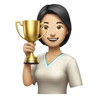 asian happy woman with a gold champion cup sticker