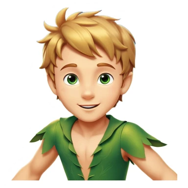 cinematic-realistic-peter-pan-portrait, head tilted dramatically with an exaggeratedly amused expression and sparkling eyes brimming with playful mischief, his iconic outfit rendered in vivid detail with dynamic shadows, soaring through the air flying next to a glowing Tinker Bell, whose delicate wings leave a trail of shimmering pixie dust across a whimsical sky. sticker