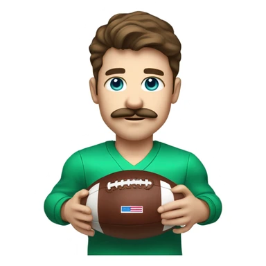 boy with brown hair and light blue eyes with a moustache. wearing a green shirt. holding an american football  sticker