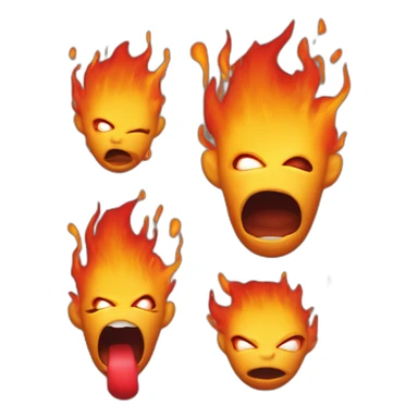 a cartoonish yellow-orange figure with a dome-shaped body, engulfed in orange and red flames at the top, with large dark eyes and a slightly open mouth showcasing a red tongue sticker