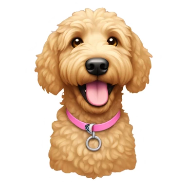 a light colored golden doodle with a pink coller sticker