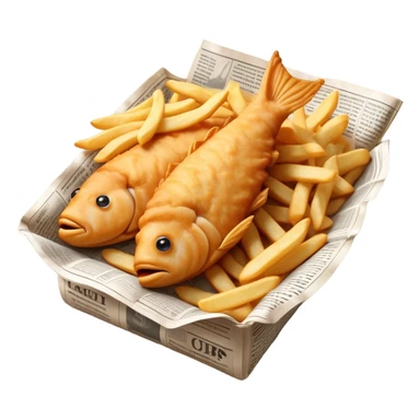 Fish and Chips Cinematic Realistic Fish and Chips Dish Emoji, depicted as a crispy battered fish fillet and golden chips served in traditional newspaper wrapping, rendered with lifelike textures and warm natural lighting that captures its iconic British street food charm  . sticker