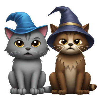 Grey cat with wizard hat sitting next to brown angry raccoon cat sticker