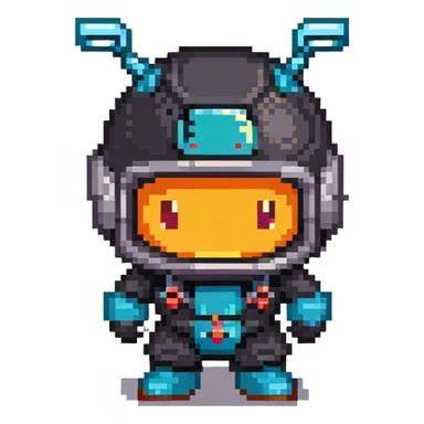 Black bomberman character, ninja-like design, sleek helmet with sharp antenna, mysterious appearance, cool pixel art style sticker