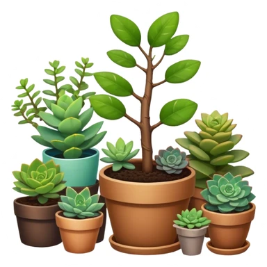 Close-up of a potted sapling in rich soil surrounded by vibrant plants and succulents. Bright sunlight filters through the window, casting soft shadows. Nearby gardening tools rest on a wooden table. Cozy indoor atmosphere with greenery and flowers. sticker