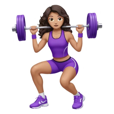 mujer de tez trigueña, con cabello castaño oscuro ondulado con pequeñas ondas, con el cabello super largo hasta las rodillas estilizado, con ropa deportiva morada/lila, tenis blancos deportivos y levantando una pesa sticker