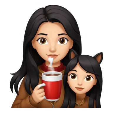 Tanned Girl with lashes , bright black long hair, in an extremely big fluffy brown mustang, and drinking hot chocolate drink sticker