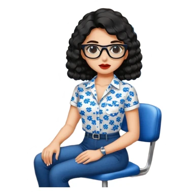 No pero que las florecitas azules estén en la camiseta dibujadasCréame una chica morena de pelo más o menos por los hombros con granitos en la cara y unas gafas negras, que esté sentado en una silla de bar con una camisa blanca con florecitas azules sticker