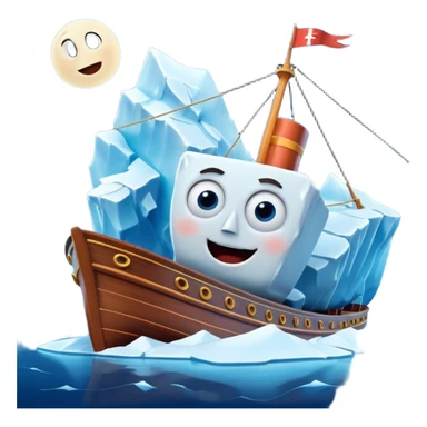 Apple Memoji style: cartoon Titanic ship with big shocked eyes, open mouth, sailing toward a giant smiling iceberg with a mischievous look, glossy icy white-blue, Pixar-level 3D, cartoon realism, calm dark blue sea, moonlit sky, vivid colors, soft shadows, glossy finish. sticker