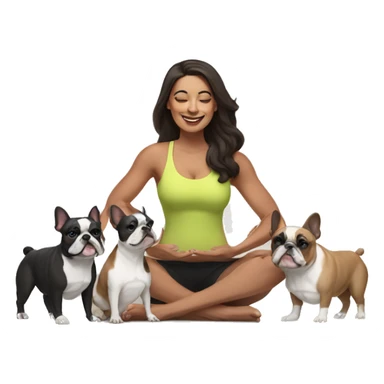 latin woman with long dark brown hair expressing joy dressed in a yoga outfit alongside two french bulldogs sticker