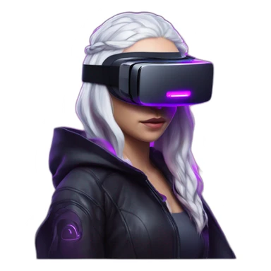 Daenerys Targaryen wearing a black hoodie with "OMG" letters on it and VR headset in a cyberpunk VR environment with violet neon lighting. sticker