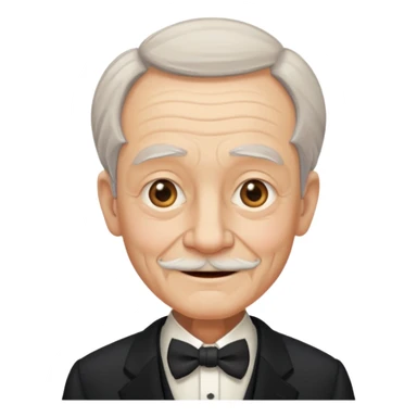 old man in formal attire, bearing a small ironic smile sticker
