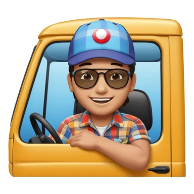 Cute emoji style illustration of a Peruvian truck driver, smiling young “chofercito carretero”, wearing baseball cap, sunglasses, plaid shirt, leaning out of a Hino 500 truck window, vibrant colors, bold outlines, glossy 3D emoji style, sticker design, transparent background sticker