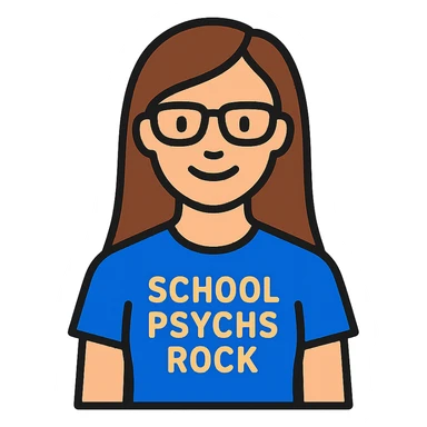 Create a color outline icon of this person wearing a t-shirt that says 'school psychs rock'. The style should be friendly and approachable with clear text and a modern icon style. sticker