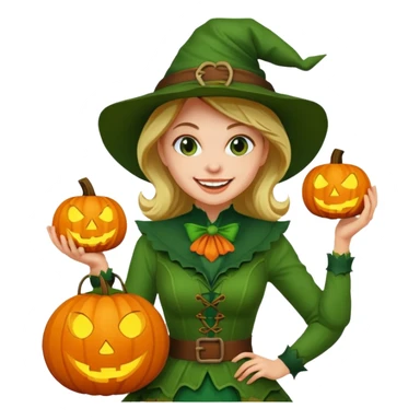 Woman Hunter With Jack o Lantern, wearing green costume sticker