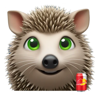 Hedgehog with green eyes and a Red Bull energy drink  sticker