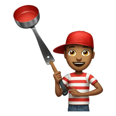 a guy in a striped T-shirt and a red hat is holding a frying pan sticker