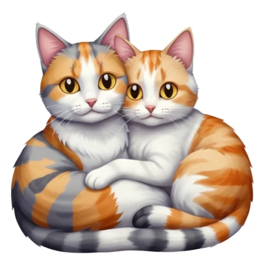 grey and white cat cuddling a colourful light patched calico + white tabby cat sticker