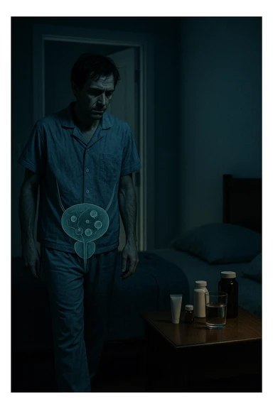 A cinematic night scene showing a man in his late 30s walking stanco verso il bagno in penombra, con la luce fioca che filtra da sotto la porta. Indossa abiti da notte sgualciti, ha un’espressione stanca e il volto scavato dalla mancanza di sonno. Sul comodino accanto al letto ci sono creme mediche, integratori e un bicchiere d’acqua. Una leggera sovrapposizione simbolica mostra, in trasparenza sul corpo, un’area anatomica maschile con presenza di microrganismi parassitari (raffigurati in stile medico-scientifico, non grottesco). Il contrasto visivo fa capire che la causa della nicturia è interna e nascosta, non visibile all’occhio umano. Illuminazione fredda, stile 35mm con profondità emotiva e sottile tensione clinica. sticker
