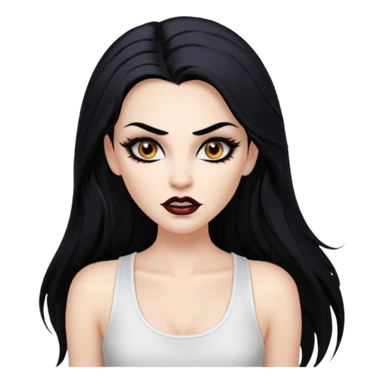 White woman with a white tank top long black hair glossy middle part long hair vamp look with fangs brown eyes eyeliner winged with lashes top and bottom white border big lips black eyebrows sticker