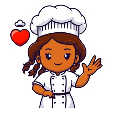 Brown-skinned female chef with long braided brown hair, wearing a chef's hat, with both an angel halo and devil horns, making a heart shape with her hands sticker