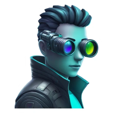 Secret human agent with  cyberpunk elements with a spyglass scanning looking reviewing multicolor lines of code, cyan and purple colors, only upper body portrait sticker