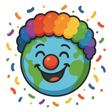 a globe with clown features, red nose, rainbow wig, and silly smile, surrounded by confetti sticker