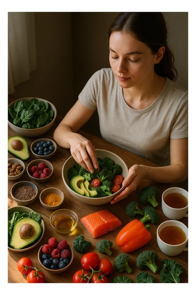 A realistic, cinematic flat-lay image of a clean wooden kitchen table filled with fresh, colorful whole foods known to help reduce androgen excess naturally. The table includes leafy greens like spinach and kale, avocados, berries, colorful vegetables, nuts, seeds (chia and flaxseeds), wild-caught salmon, and herbal teas, carefully arranged in an aesthetically pleasing, organized manner. A small glass bowl with olive oil and another with turmeric powder are included, emphasizing anti-inflammatory properties. In the scene, a young woman with clear, healthy skin and a calm expression is preparing a bowl with these ingredients, symbolizing a hormone-balancing diet. Warm, natural daylight streams in, creating a cozy and inviting atmosphere. The style is hyper-realistic 35mm photography, with vibrant yet soft colors, showcasing textures of the fresh produce and the peaceful vibe of using nutrition to support hormonal balance sticker