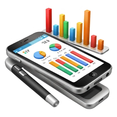 Photorealistic emoji of a compact device (handheld scanner) made of matte metal and glass. The bright, slightly reflective screen shows small colored bar charts/heatmap icons and language codes (EN, DE, 中文, العربية) plus a tiny analytics chart.  sticker