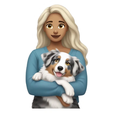 Light skinned woman with medium length blonde hair cuddling with blue Merle Australian shepherd  sticker