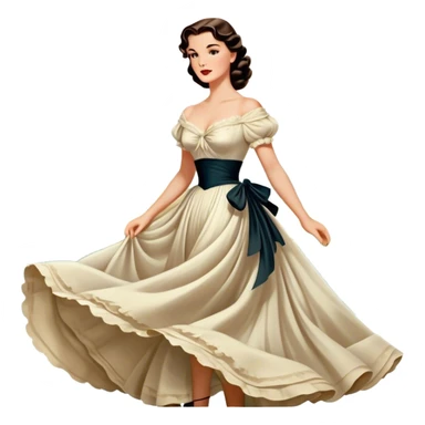 Icon for Romance Movie: A vintage movie poster-style design inspired by Gone with the Wind. Include romantic, sweeping imagery like Scarlett O'Hara in a flowing dress, Rhett Butler, a plantation backdrop, and fluttering wind-blown fabric. Soft, nostalgic cinematic feel. Transparent background. sticker