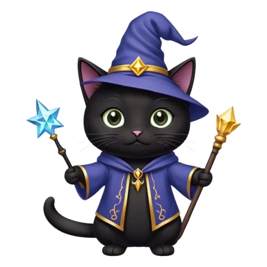 gatito negro con ropa de mago y varita mágica, ojos tiernos. sticker