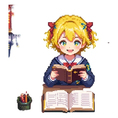 Pixel art anime girl with short bright yellow hair wearing Japanese sailor style school uniform, sitting at desk reading book but with excited smile, energetic studying pose sticker