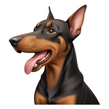 cinematic-cute-yawning-doberman-portrait-emoji,-head-tilted-slightly-with-a-dramatic,-wide-open-yawn,-revealing-a-sleek black and brown fur-with-a-subtle-shimmer,-floppy-ears-slightly-drooping,-round-brown-eyes-barely-open-in-drowsy sticker