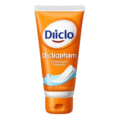 an empty, oversized and totally squeezed out tube of toothpaste labelled "Diclo ratiopharm". It is squeezed out to the last drop. Basic color is orange yellowish. sticker