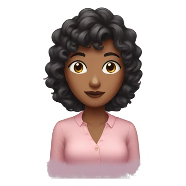 woman with long black curly hair and bangs and dark brown eyes, wearing a pastel pink blouse sticker