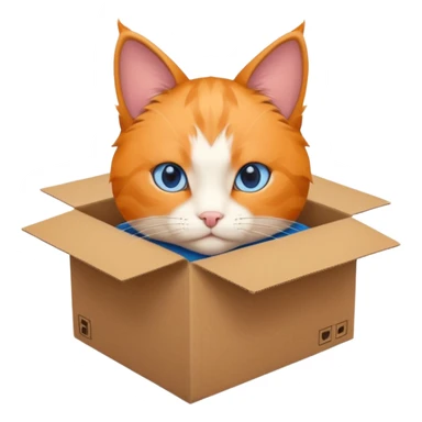 anime character cat that is orange cat, that its body is inside of a brown box. cats eyes are blue , but head is showing up. sticker