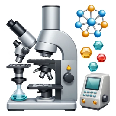 An icon featuring two-ocular electron microscope, a metal alloy, atomic structure symbols, a crystal structure. The design includes different materials like metals, ceramics and polymers, alongside a stamp representing testing and quality control. Transparent background sticker