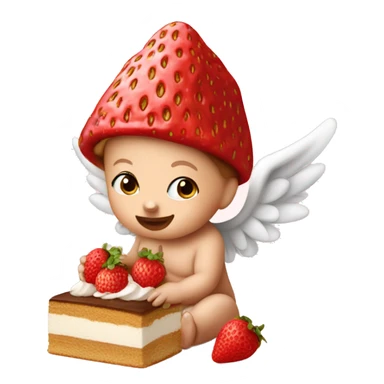 Little baby wearing a strawberry hat, with angel wings, eating tiramisu  sticker