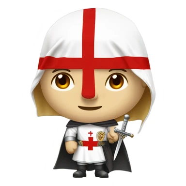 Bare headed blond haired Masonic knight Templar wearing a white tunic with a Red Cross on the front and a white mantle with a hood with a Red Cross on the left side and a male face with a red cap and holding a sword. sticker
