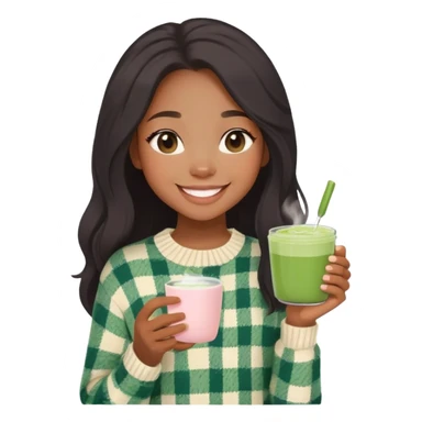 aesthetic black girl with light skin, long hair, wearing a cute cream colored sweater with a flannel shirt underneath, holding a matcha in her hand, cute minimal blush, smiling with teeth sticker